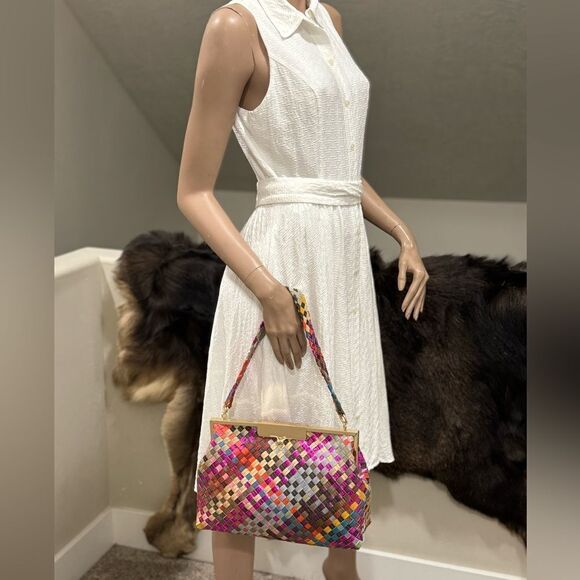 Colorful Woven Leather Handmade Kisslock Metal Frame Handbag, Multi Use Style - Picture 4 of 16